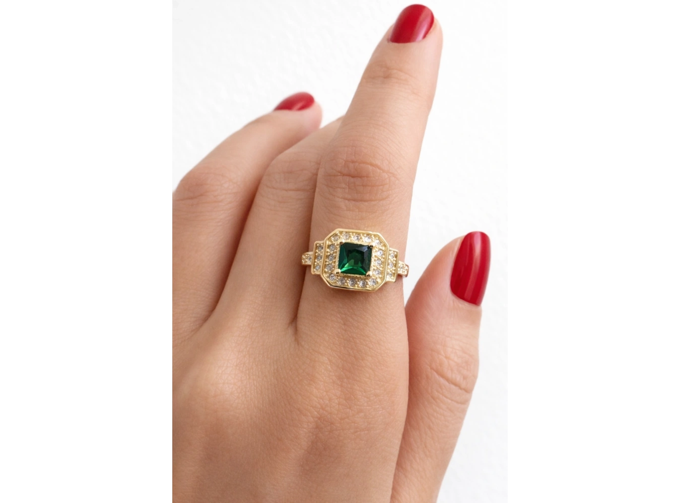 Altın Renk Yeşil Taş Detaylı Ayarlanabilir Yüzük