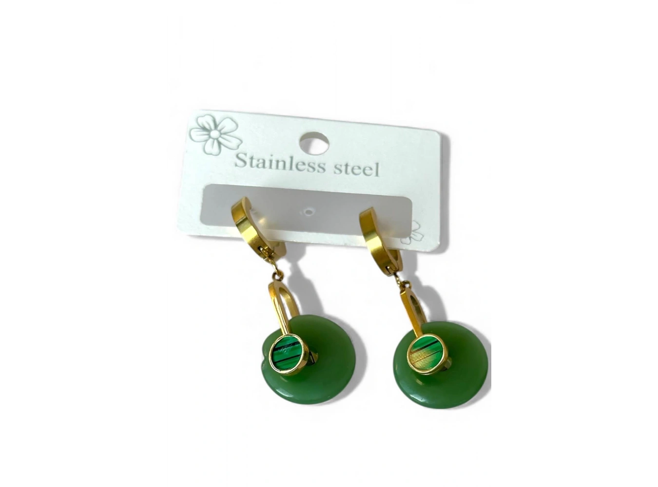 Altın Renk Yeşil Taş Detaylı Çelik Küpe (Çift)