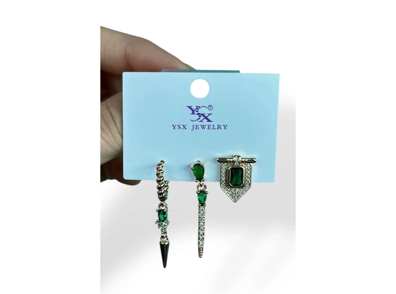 Altın Renk Yeşil Taş Detaylı VİP 3lü YSX Küpe Set