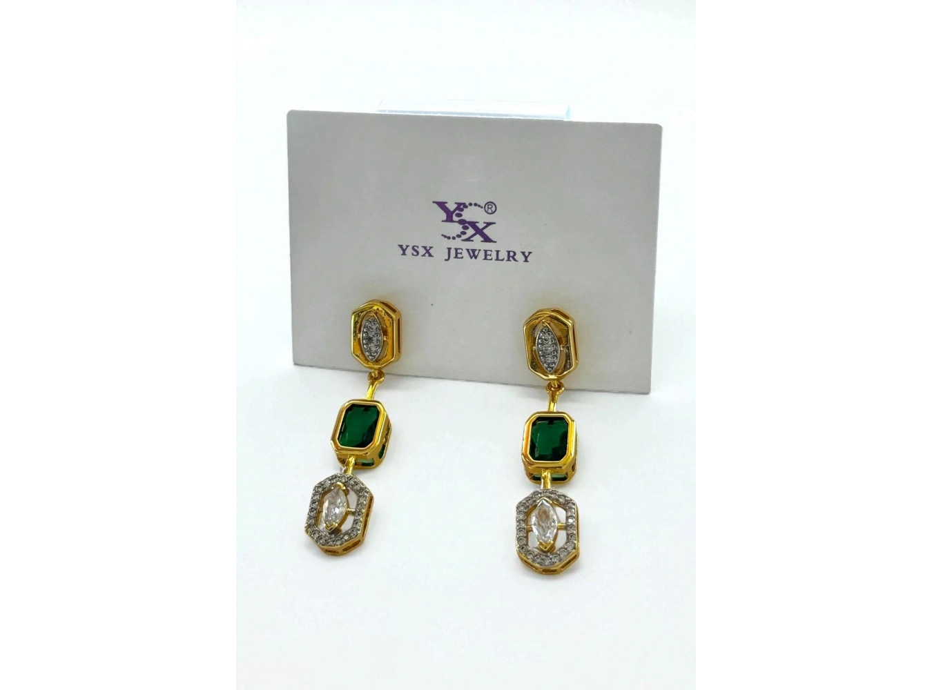Altın Renk Yeşil Taş Detaylı YSX Küpe (Çift)