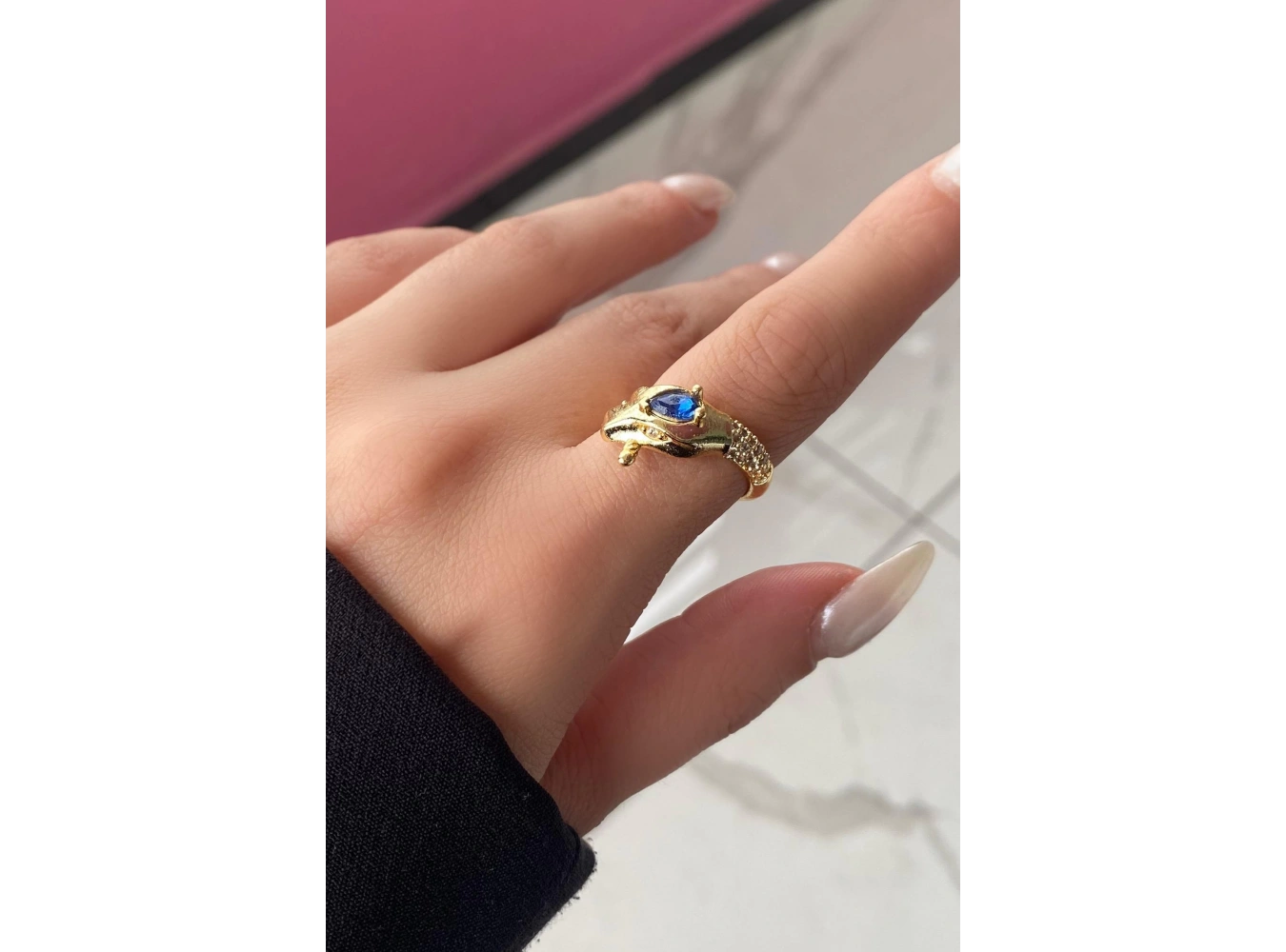 Altın Renk Yılan Figürlü Mavi Taş Detaylı Ayarlanabilir Yüzük