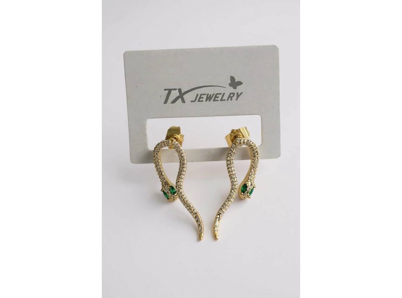 Altın Renk Yılan Figürlü Taş Detaylı 14K Altın Kaplama TX Küpe (Çift)