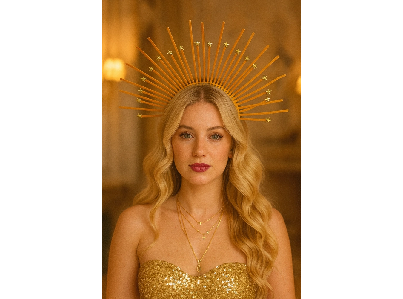 Altın Renk Yıldız Detaylı Gelin/Kına/Nişan/Söz/Bride Tasarım Taç