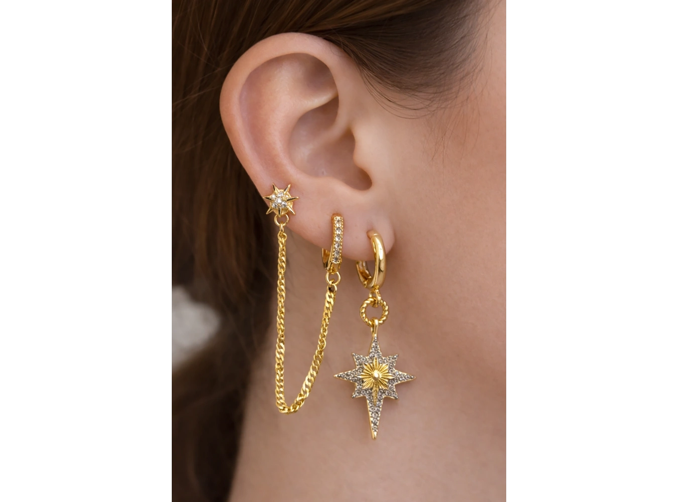 Altın Renk Yıldız Figürlü 3lü Küpe Set