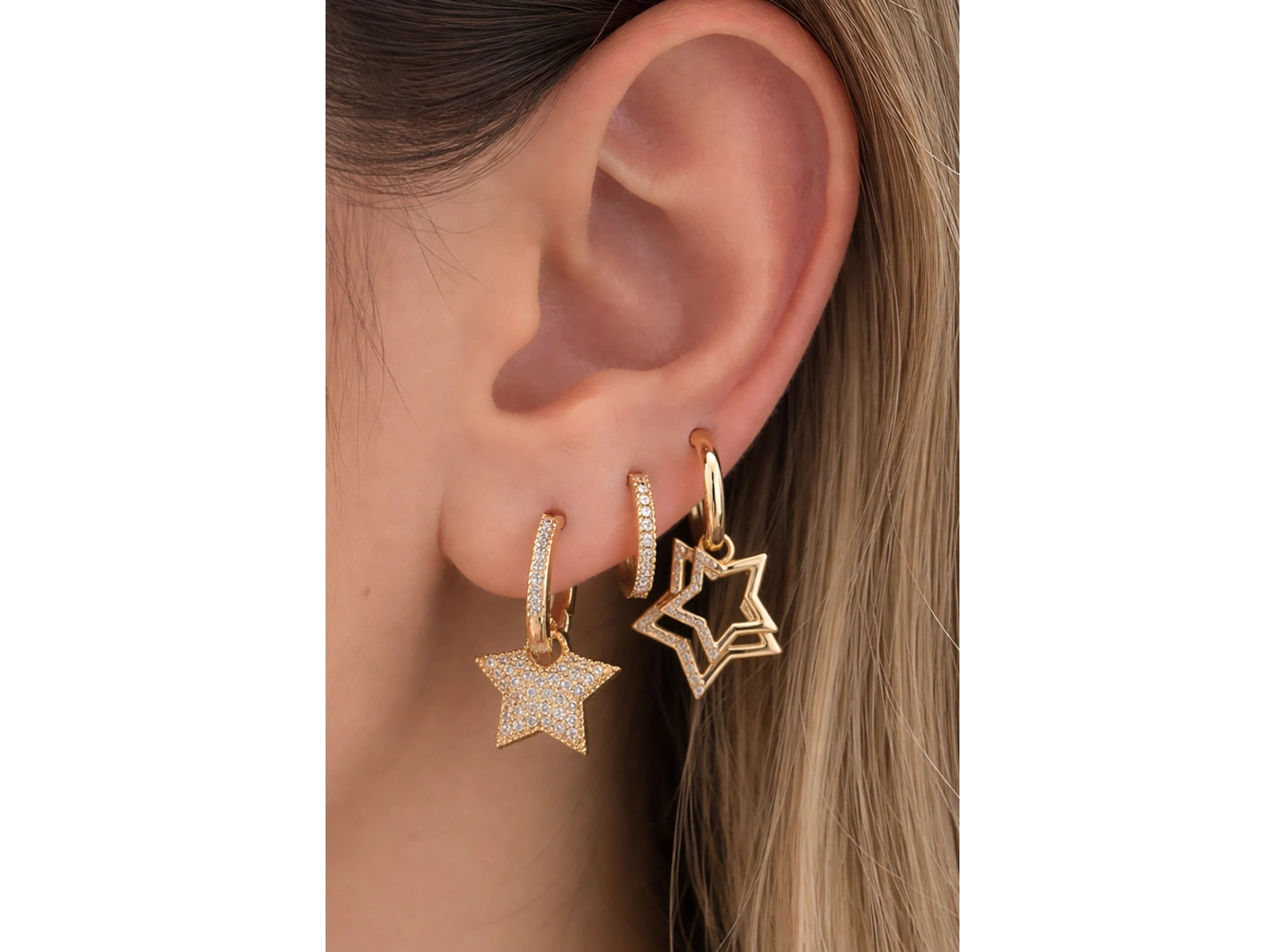 Altın Renk Yıldız Figürlü 3lü Ysx Küpe Set