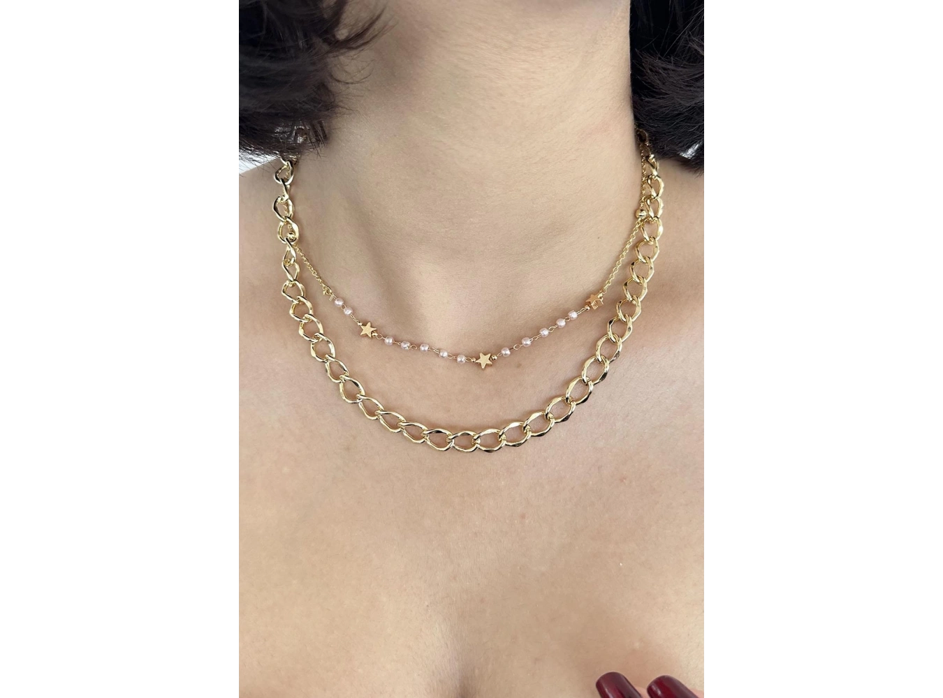 Altın Renk Yıldız Figürlü İnci Detaylı  İkili Kolye