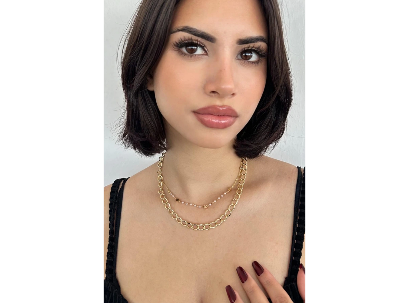 Altın Renk Yıldız Figürlü İnci Detaylı  İkili Kolye