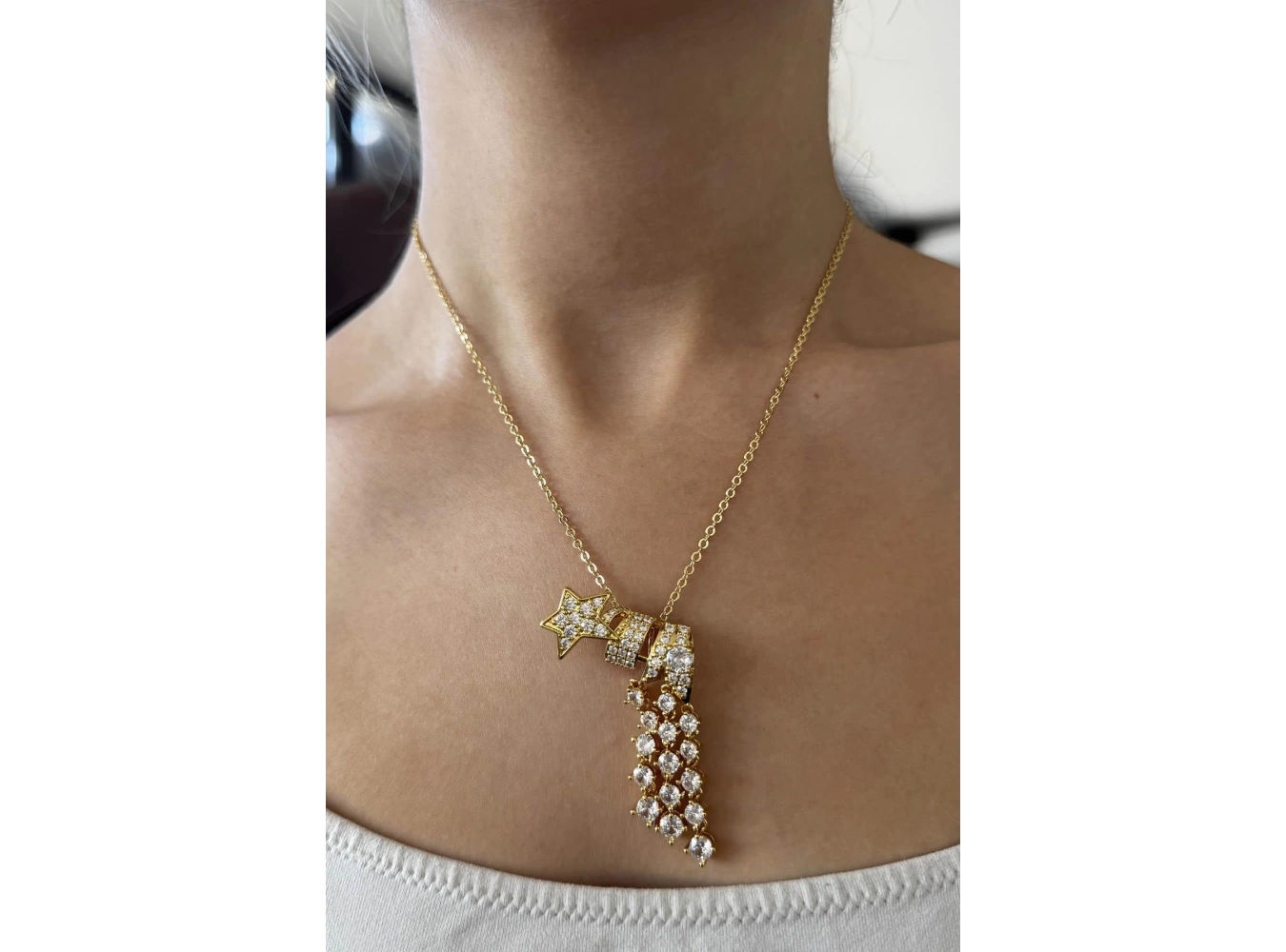 Altın Renk Yıldız Figürlü Taş Detaylı 14K Altın Kaplama TX Kolye