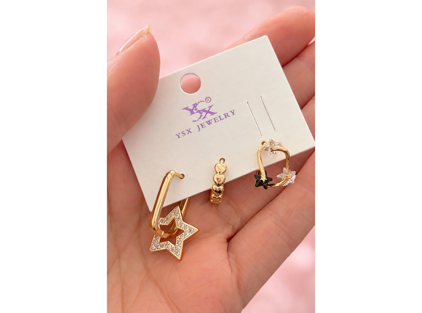 Altın Renk Yıldız Figürlü Taş Detaylı 3lü YSX Küpe Set