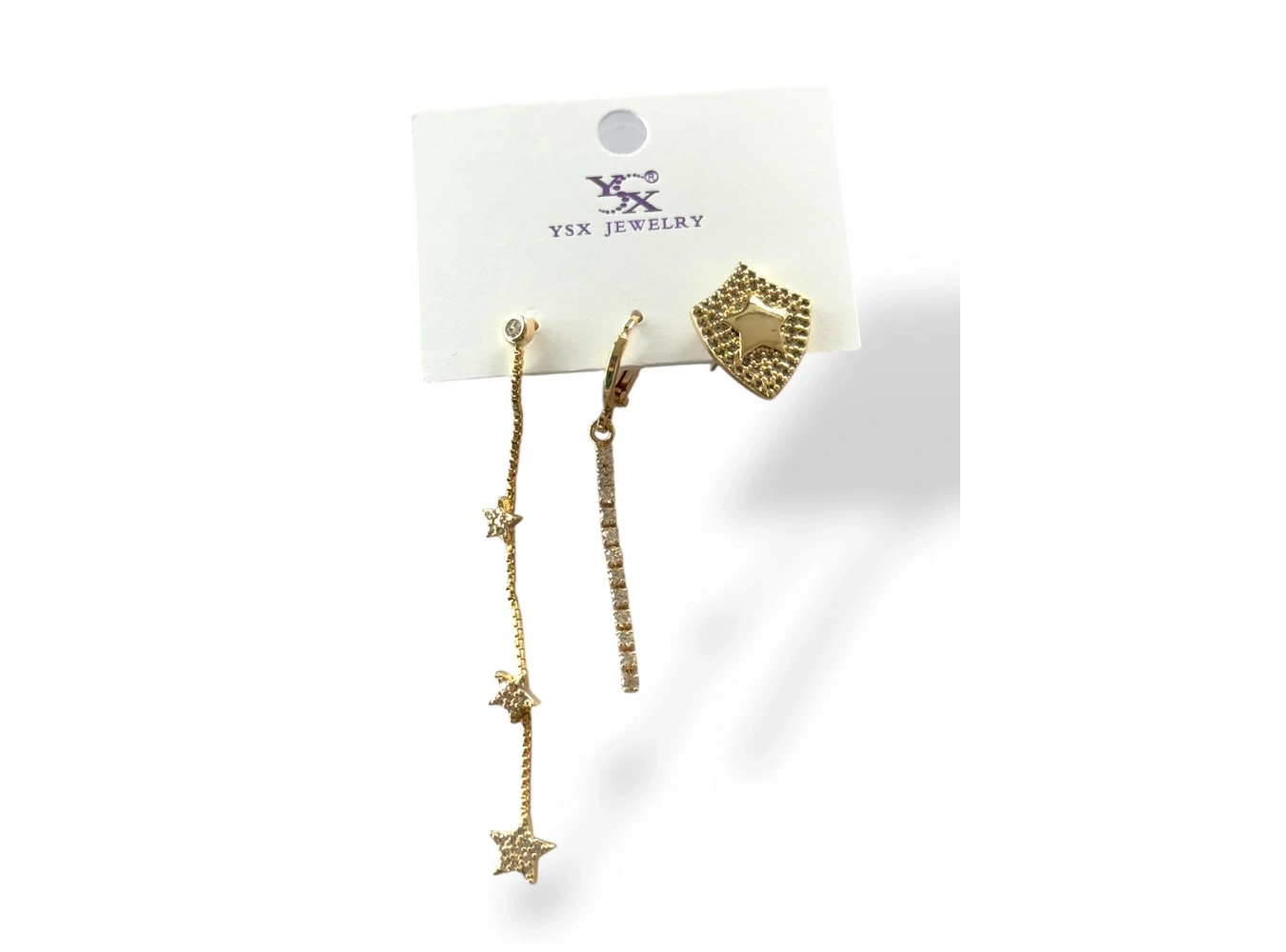 Altın Renk Yıldız Figürlü Taş Detaylı VİP 3lü YSX Küpe Set