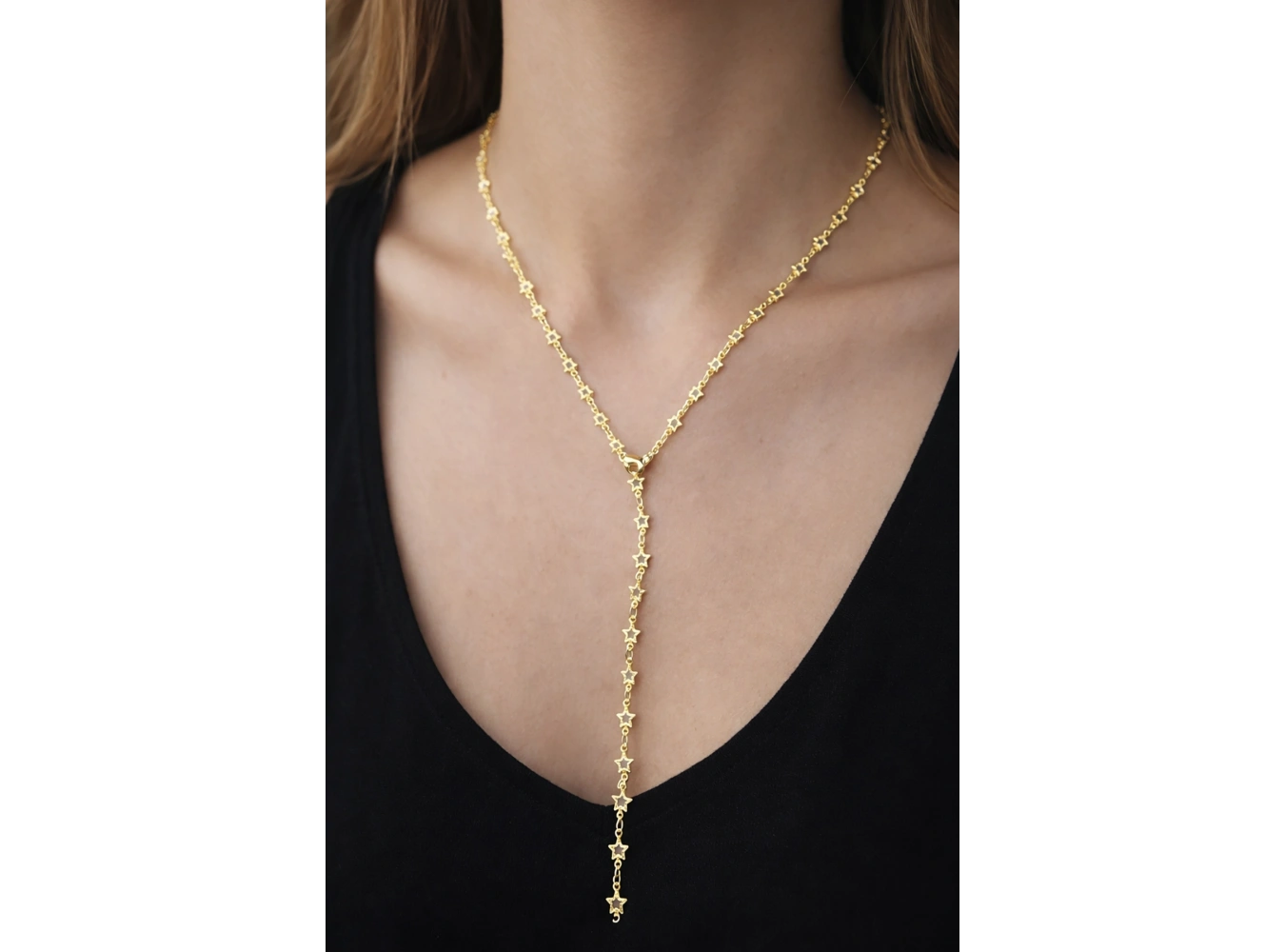 Altın Renk Yıldız Figürlü Taş Detaylı Y Kolye