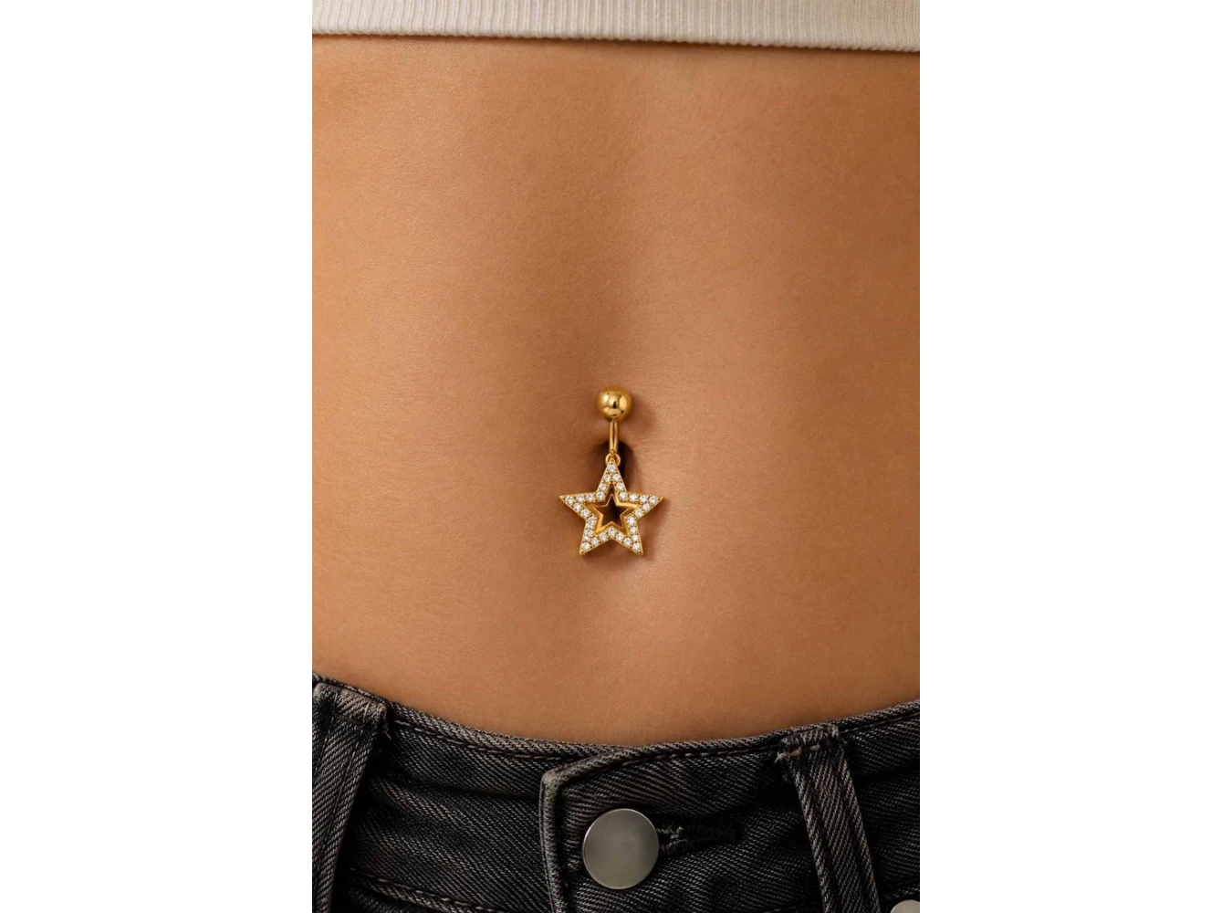 Altın Renk Yıldız Figürlü Taşlı Cerrahi Çelik Göbek Piercing