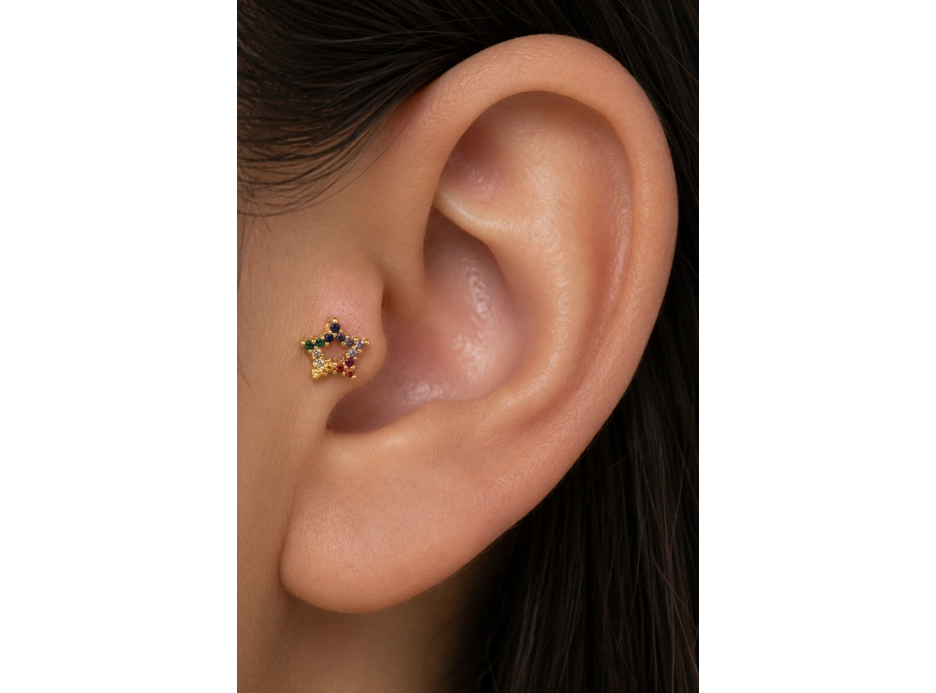 Altın  Renk Yıldız Figürlü   Taşlı Cerrahi Çelik Tragus/Kıkırdak Küpe/Piercing (Tek)