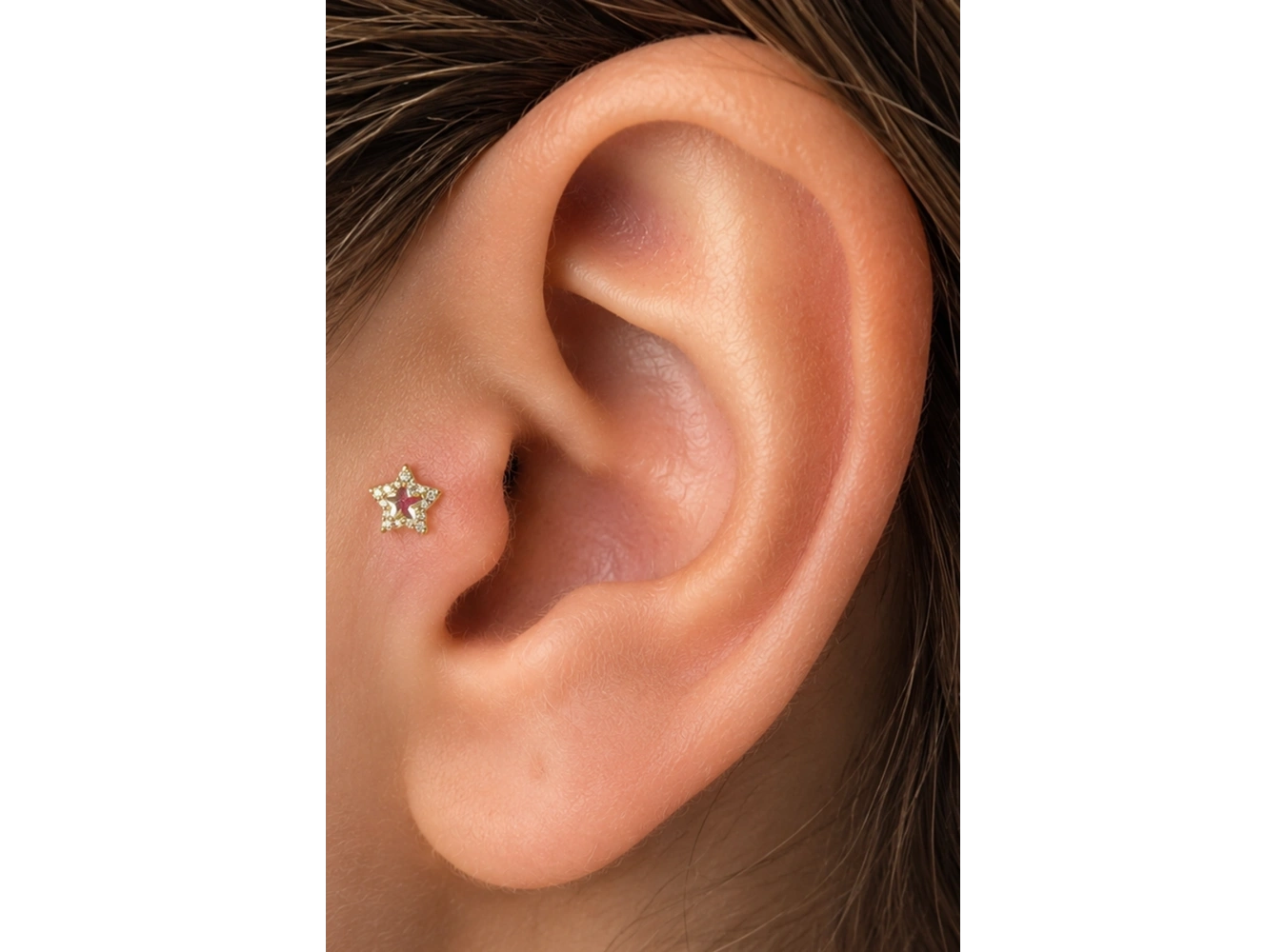 Altın Renk Yıldız Figürlü  Taşlı Cerrahi Çelik Tragus/Kıkırdak Küpe/Piercing (Tek)