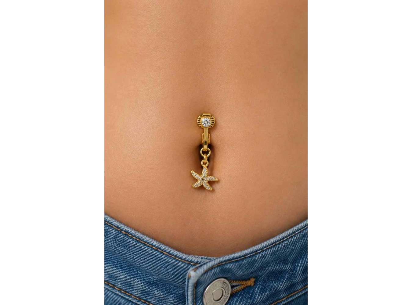 Altın Renk Yıldız Figürlü Taşlı Delik Gerektirmeyen Cerrahi Çelik Göbek Piercing