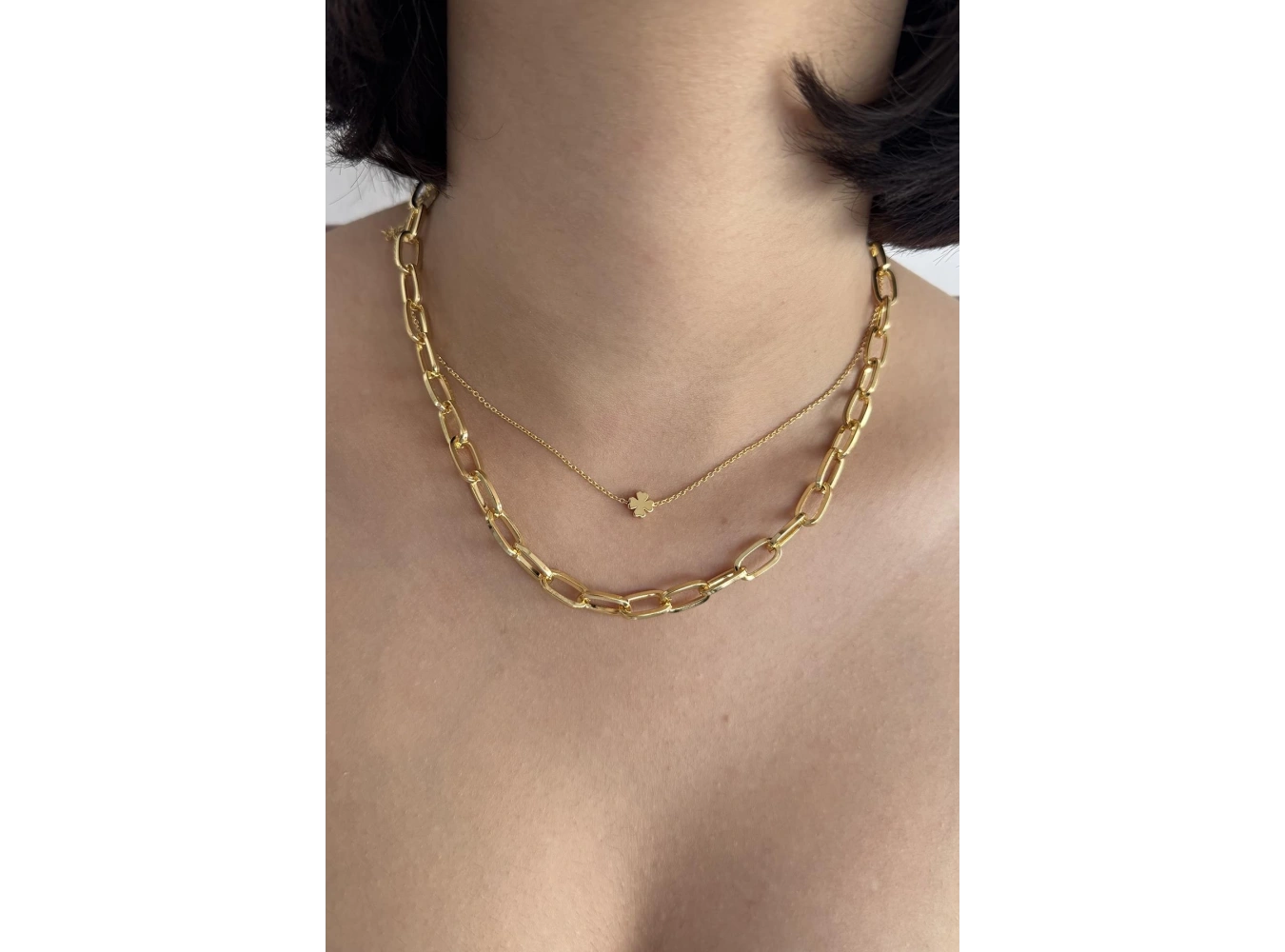 Altın Renk Yonca Figürlü İkili Kolye