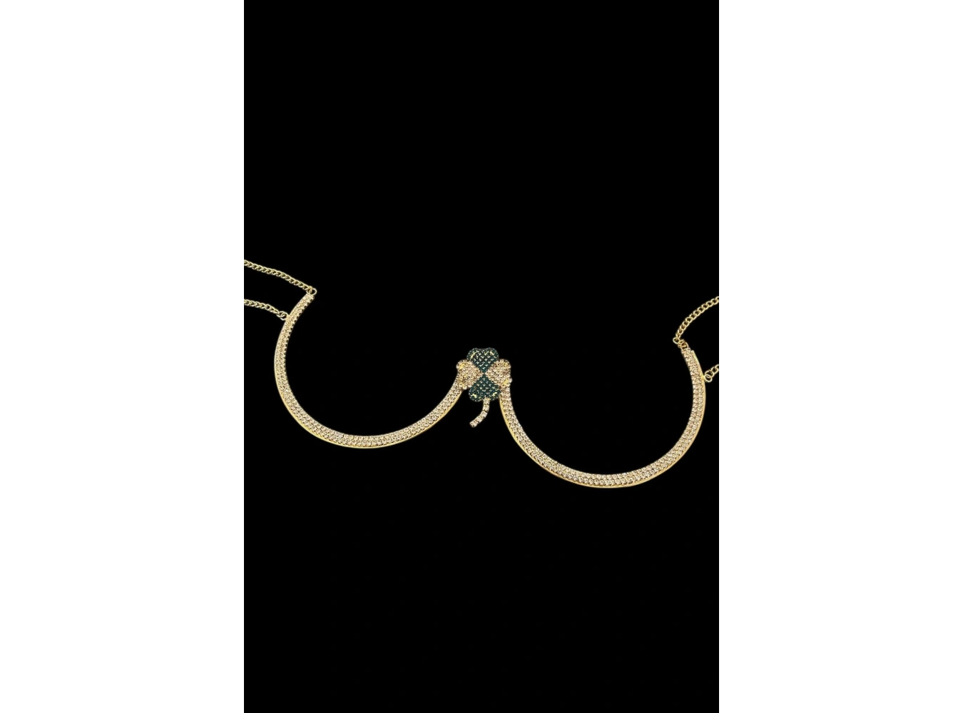 Altın Renk Yonca Figürlü Taş Detaylı Tasarım Vücut Aksesuar