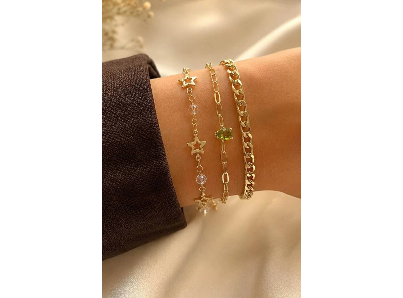 Altın  Renk  Zincir Detaylı 3lü Bileklik Set
