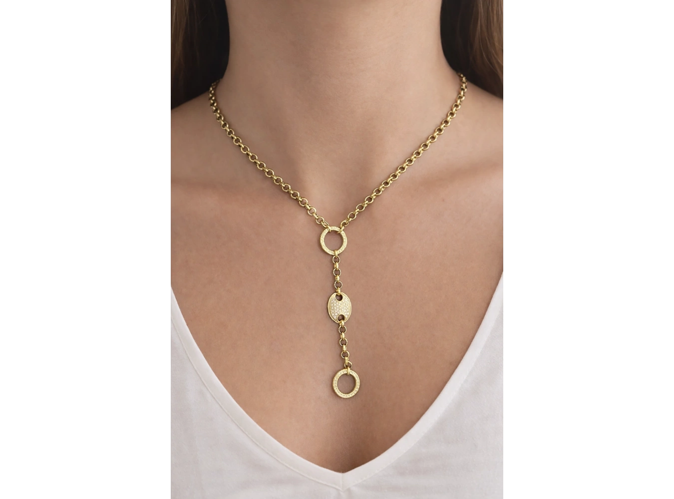 Altın Renk Zincir Detaylı Halka Detay Çelik Kolye