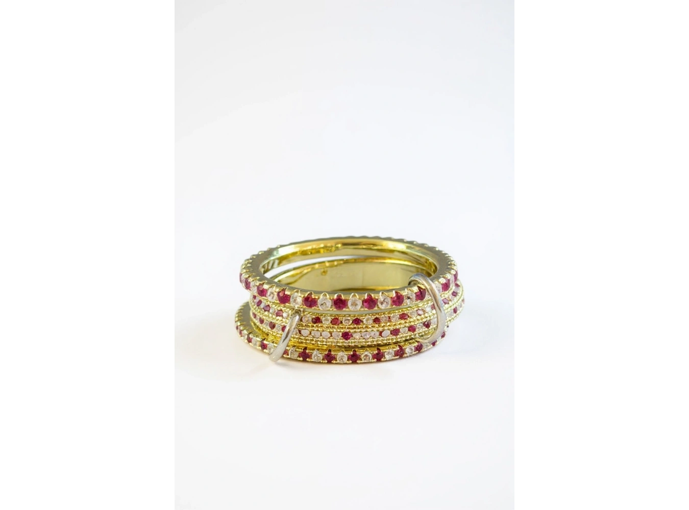 Altın Ve Bordo Renk Çoklu Halka Detaylı Taşlı Yüzük