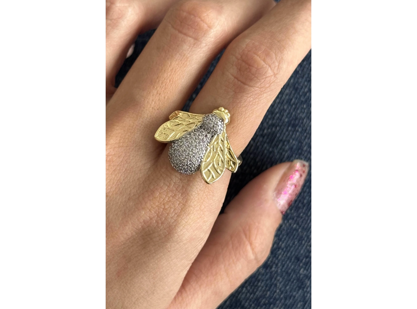 Altın Ve Gümüş Renk Arı Figürlü 14K Altın Kaplama Ayarlanabilir Yüzük