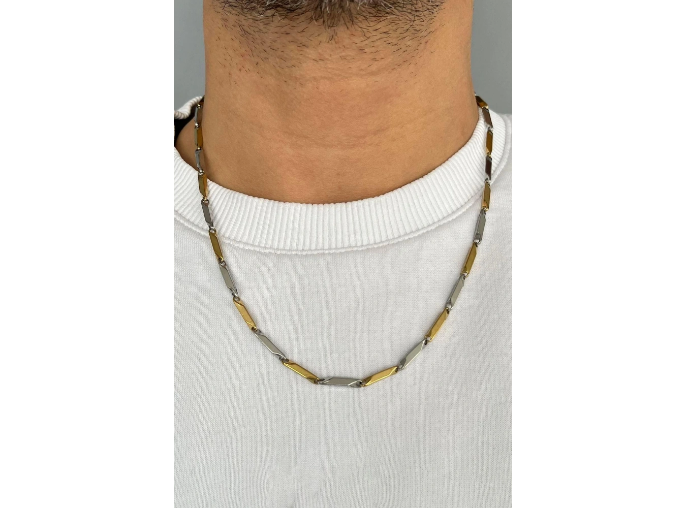 Altın Ve Gümüş Renk Erkek Zincir Çelik Kolye (55cm)