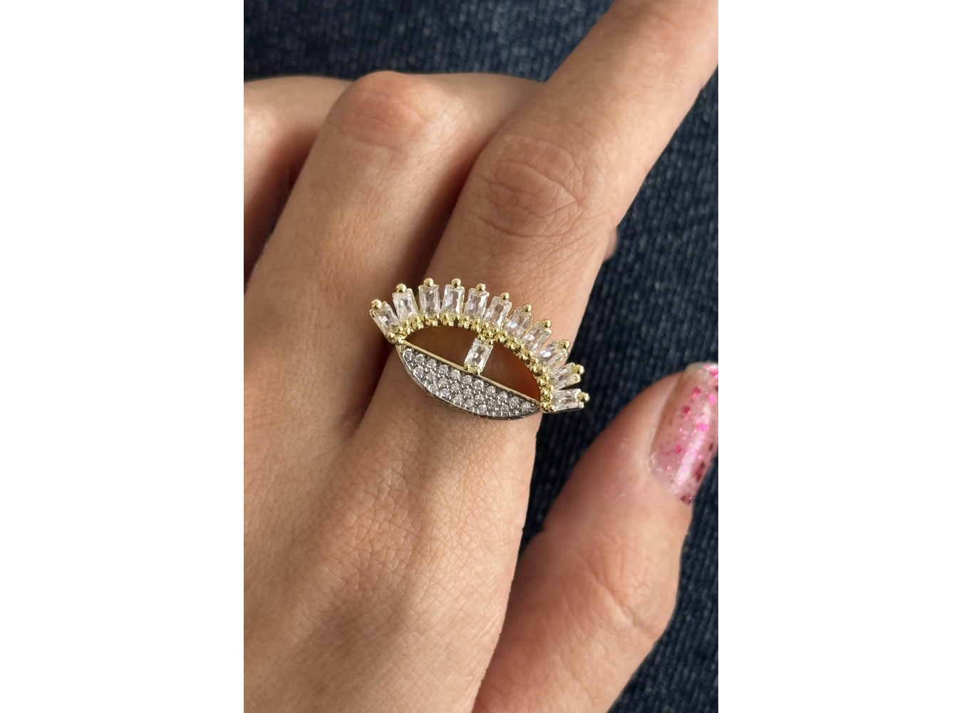 Altın Ve Gümüş Renk Göz Detaylı 14K Altın Kaplama Ayarlanabilir Yüzük