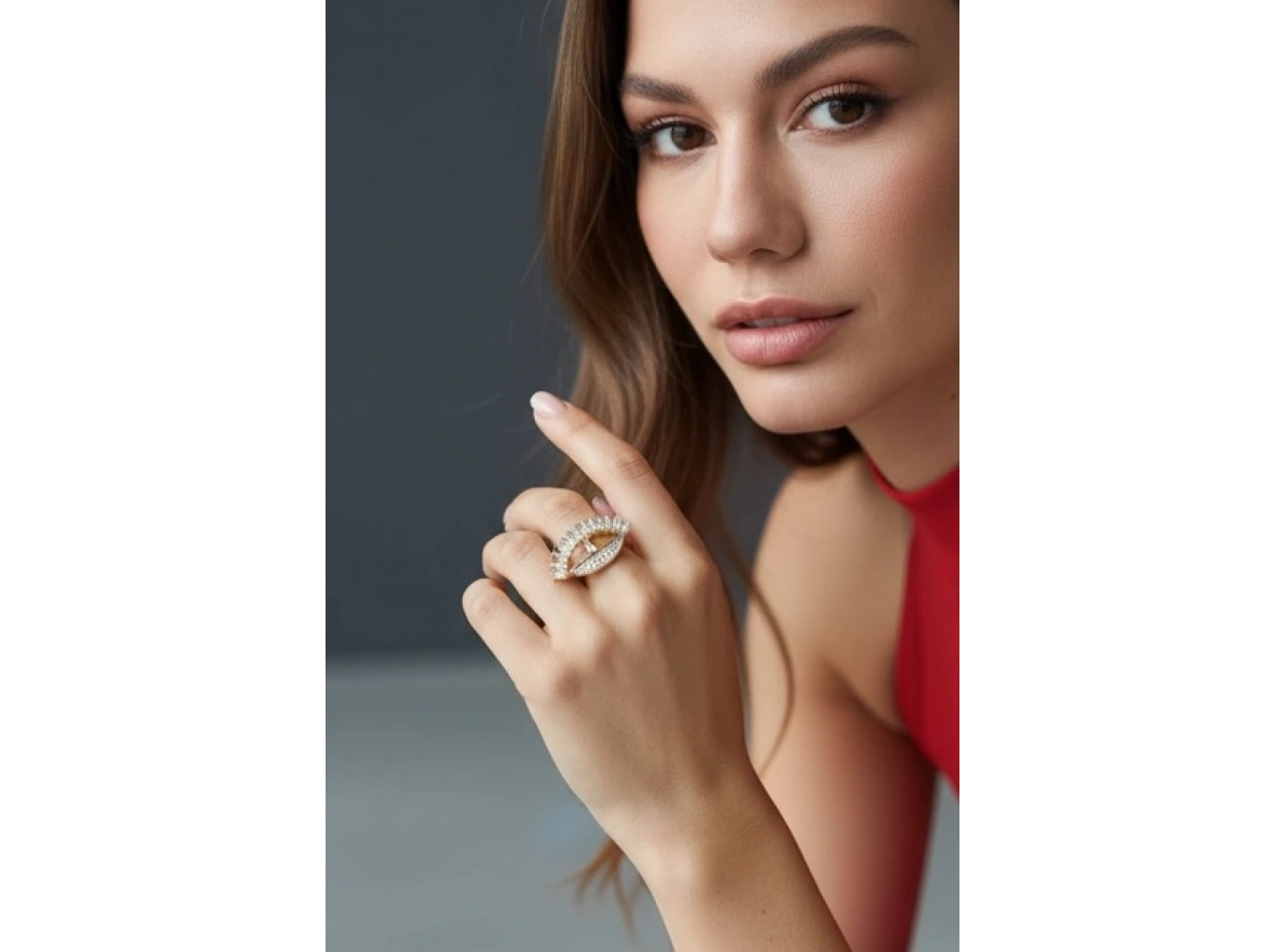 Altın Ve Gümüş Renk Göz Detaylı 14K Altın Kaplama Ayarlanabilir Yüzük