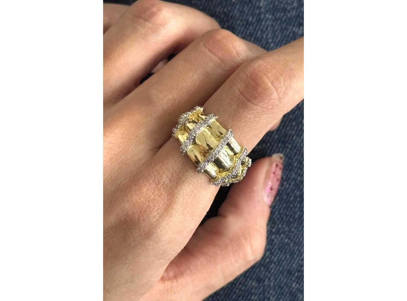 Altın Ve Gümüş Renk Taş Detaylı 14K Altın Kaplama Ayarlanabilir Yüzük