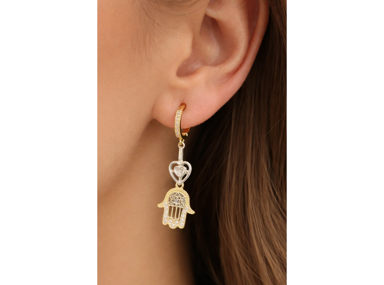 Altın Ve Gümüş Renk Taş Detaylı 14K Altın Kaplama Küpe (Çift)