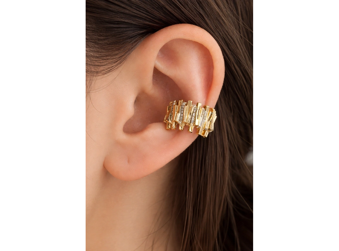 Altın Ve Gümüş Renk Taş Detaylı 14K Altın Kaplama TX Ear Cuff (Tek)