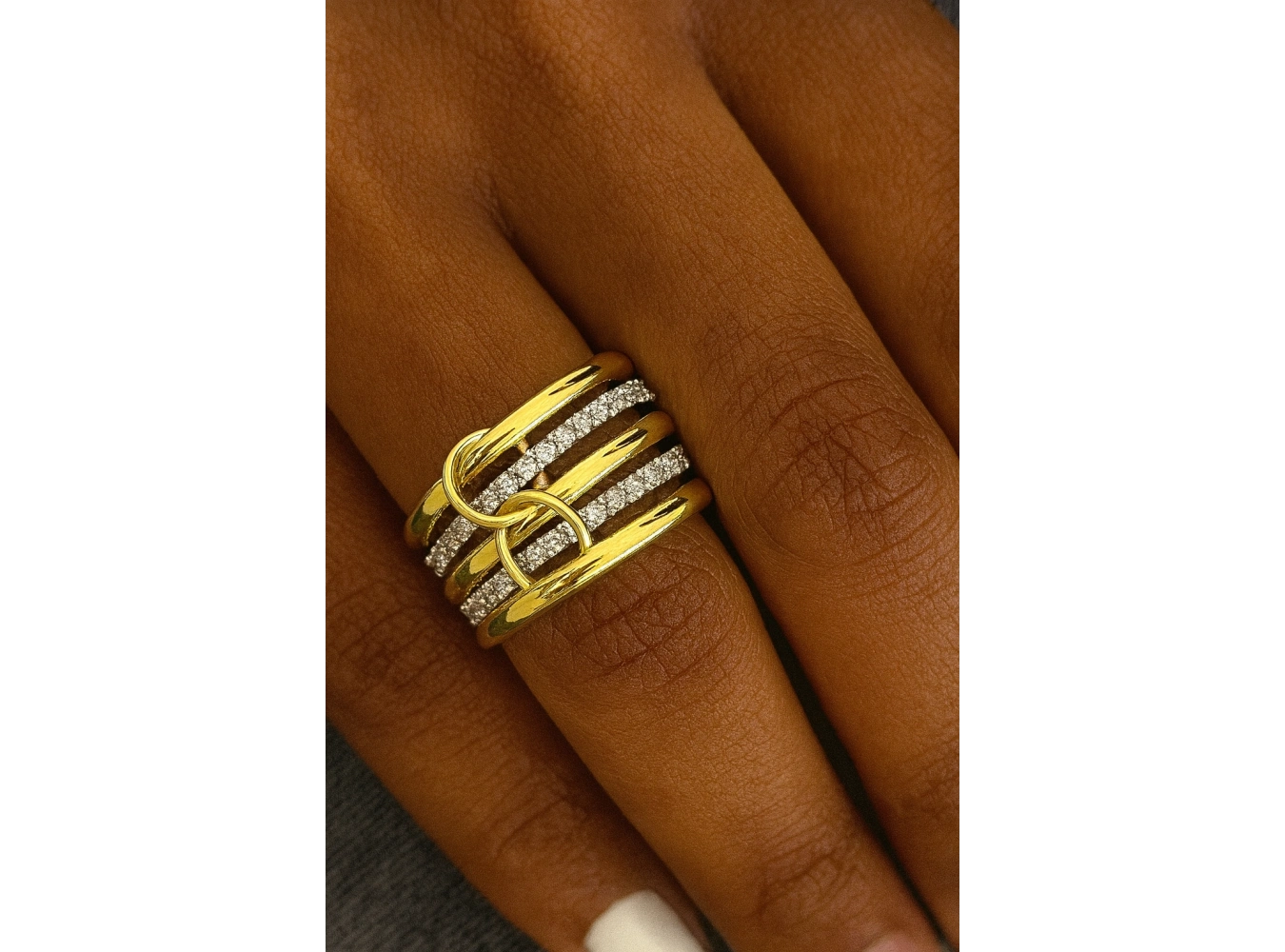 Altın Ve Gümüş Renk Taş Detaylı Çoklu Yüzük