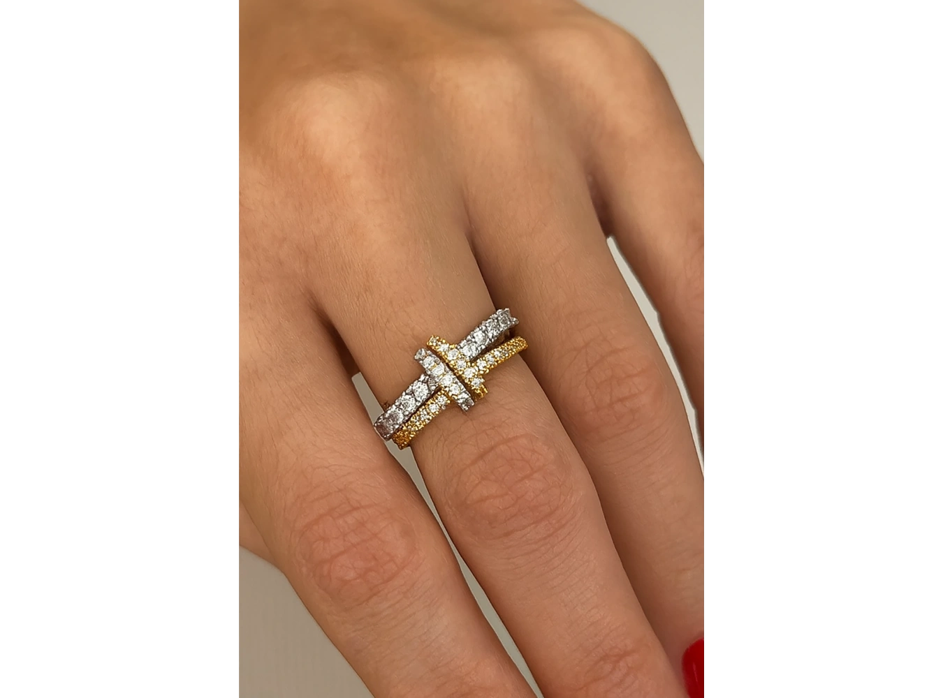 Altın Ve Gümüş Renk Taş Detaylı İkili Yüzük