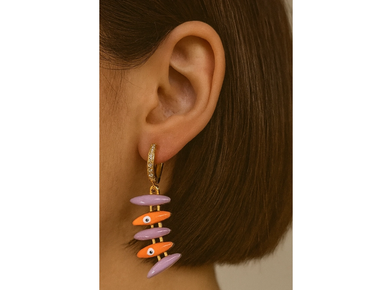 Altın Ve Karışı Renk Sallantılı 14K Altın Kaplama TX Küpe (Çift)