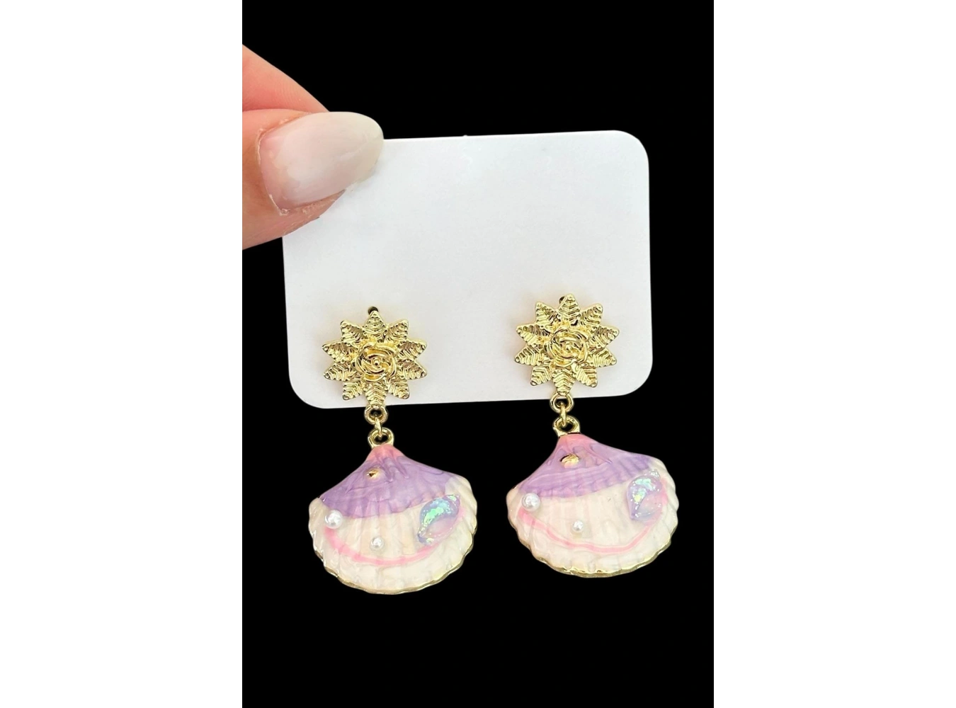 Altın Ve Lila Renk Deniz Kabuğu Figürlü  Küpe (Çift)