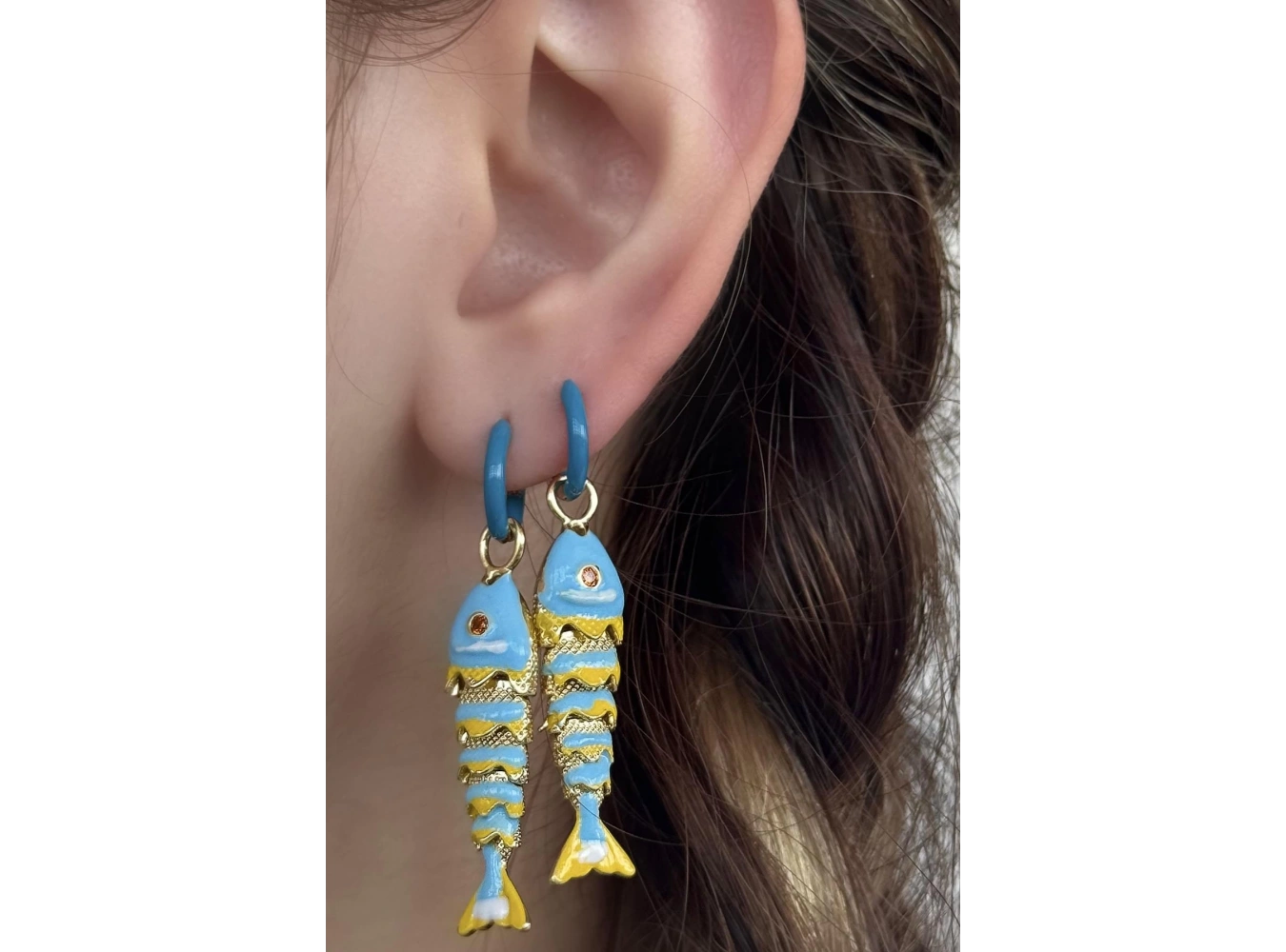 Altın Ve Mavi Renk Balık Figürlü Küpe (Çift)