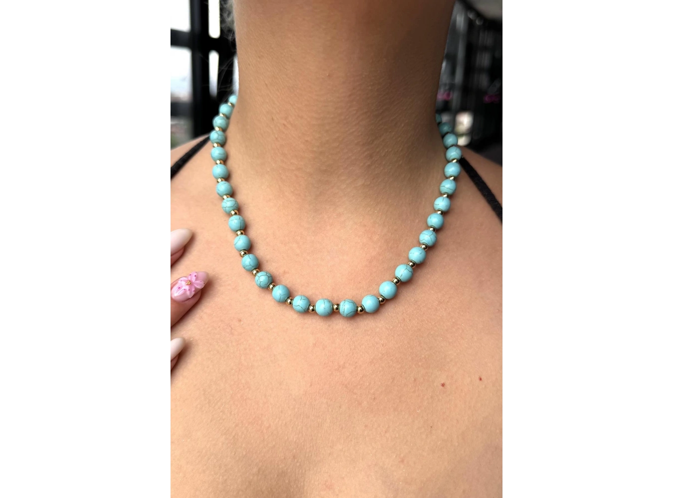 Altın Ve Mavi Renk Boncuk Detaylı Çelik Kolye