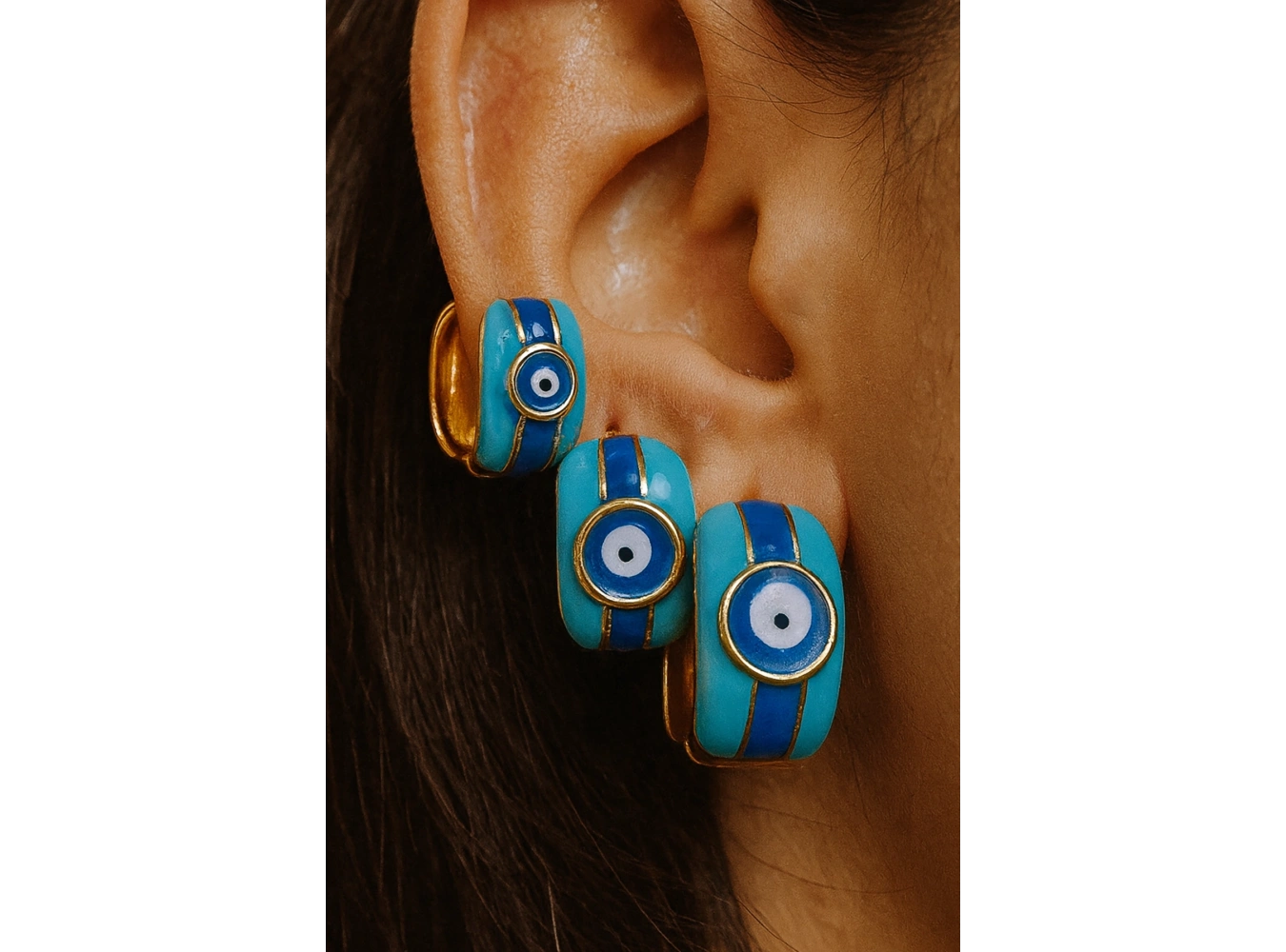 Altın Ve Mavi Renk Nazar Boncuk Figürlü 3lü YSX Küpe Set