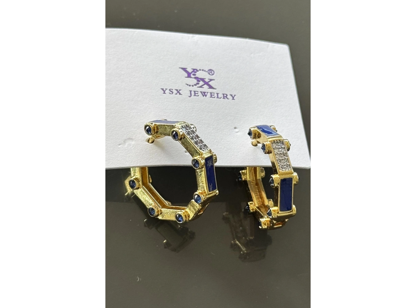 Altın Ve Mavi Renk Taş Detaylı YSX Küpe (Çift)