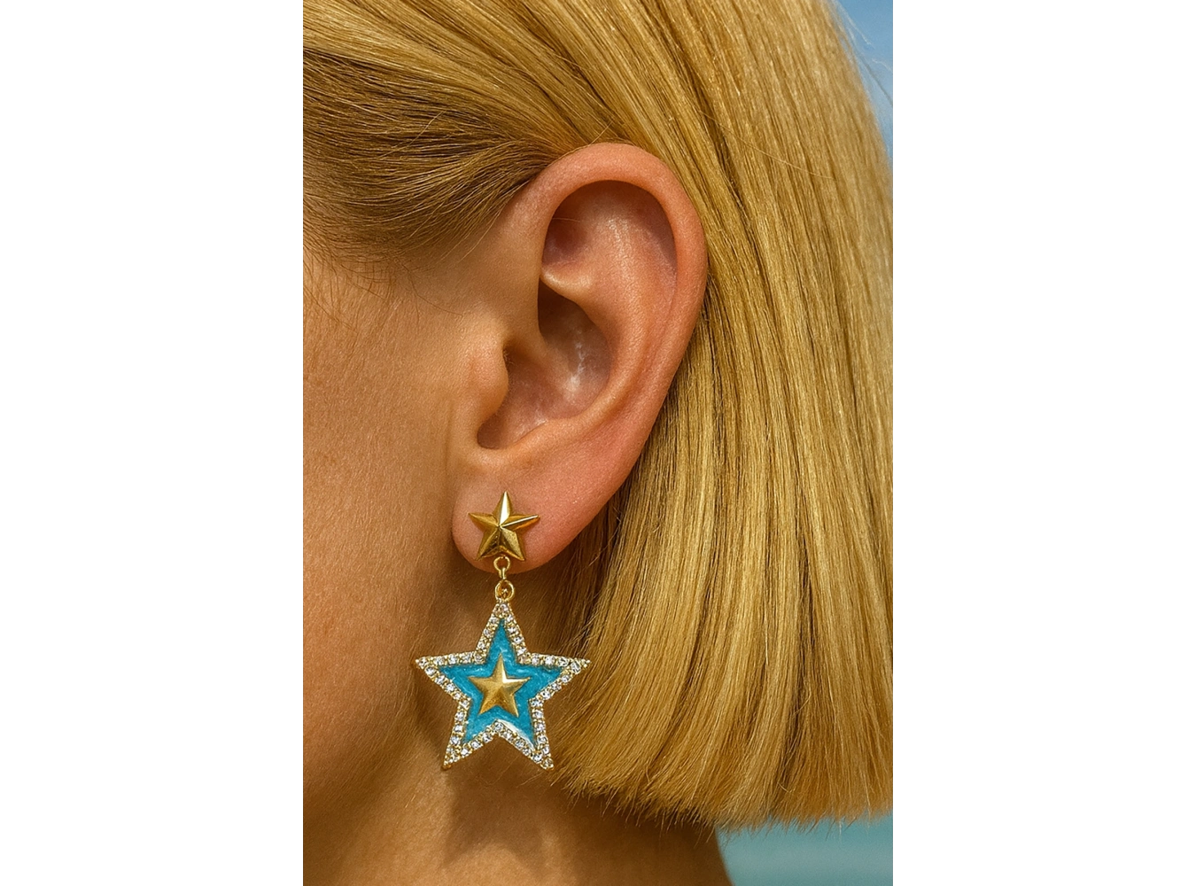 Altın Ve Mavi Renk Yıldız Figürlü YSX Küpe (Çift)