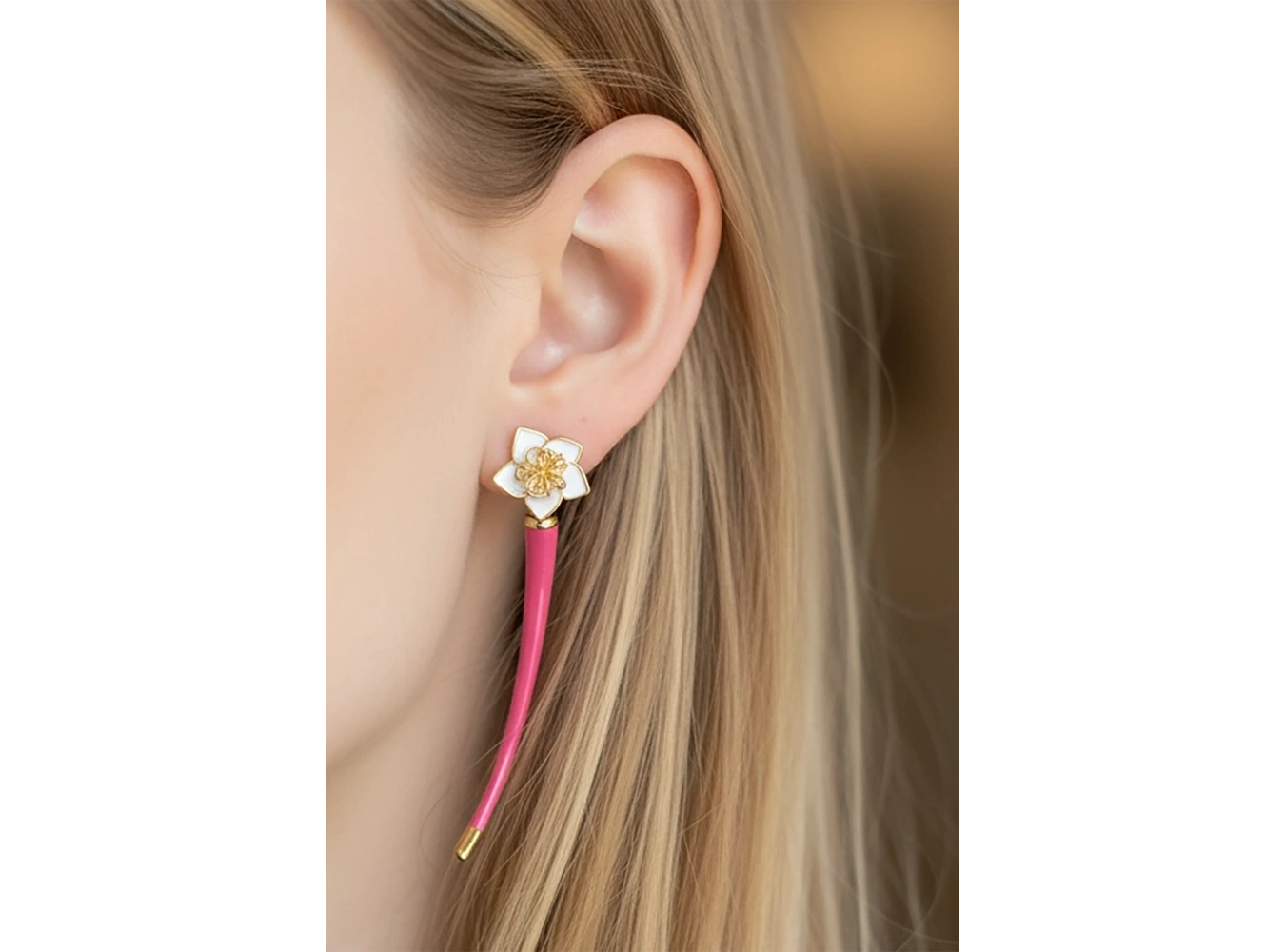 Altın Ve Pembe Renk Çiçek Detaylı YSX Küpe (Çift)