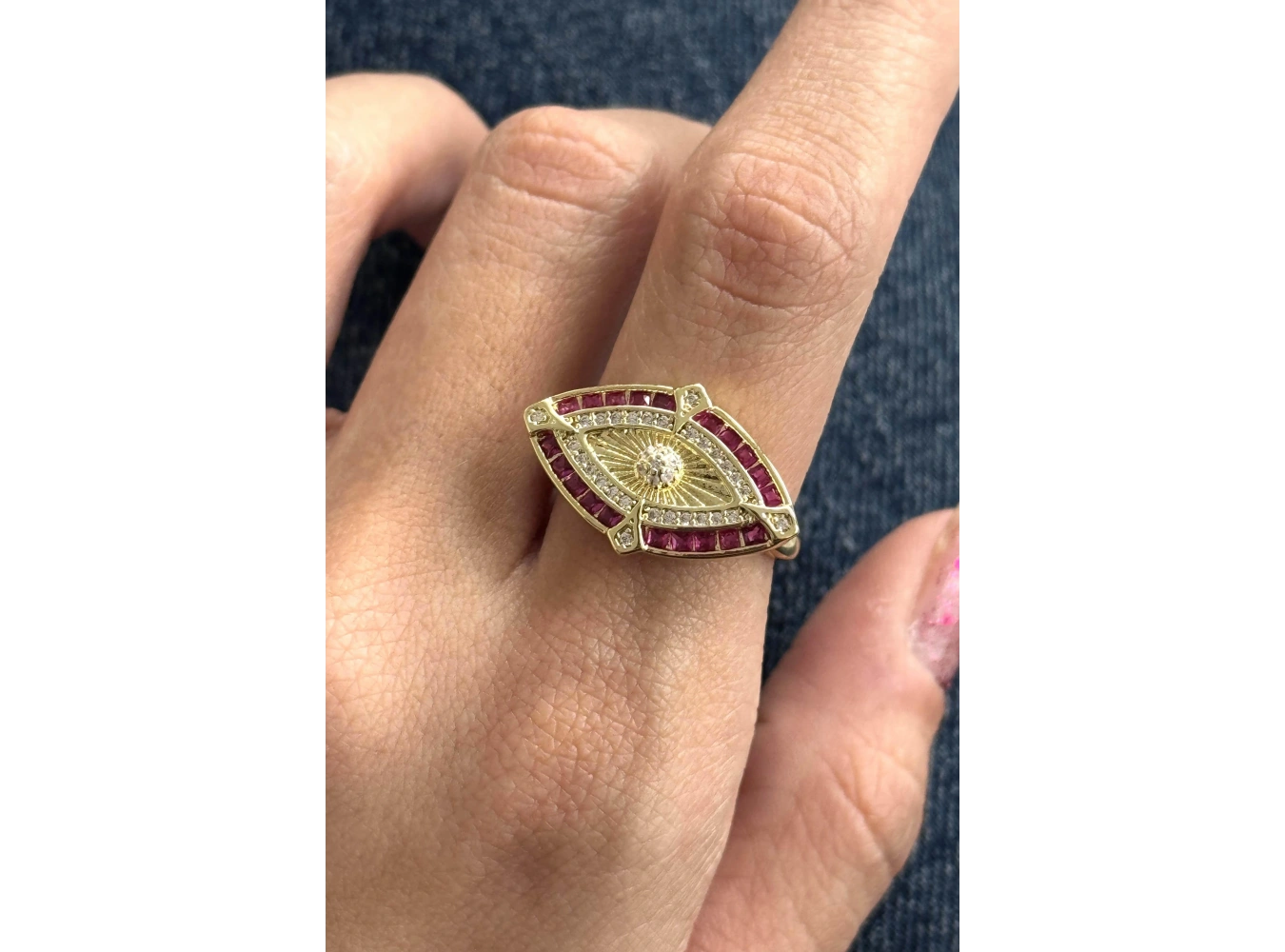 Altın Ve Pembe Renk Göz Detaylı 14K Altın Kaplama Ayarlanabilir Yüzük