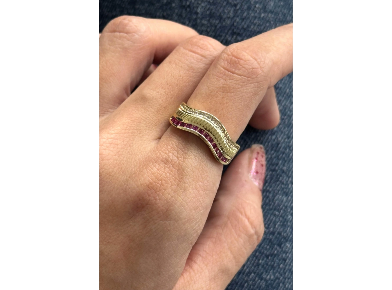 Altın Ve Pembe Renk Taş Detaylı 14K Altın Kaplama Ayarlanabilir Yüzük