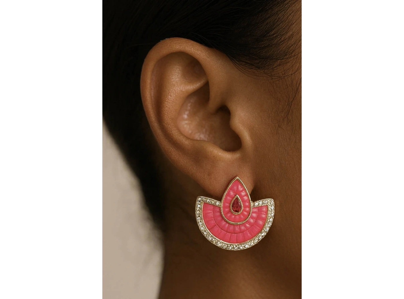 Altın Ve Pembe Renk Taş Detaylı Küpe (Çift)