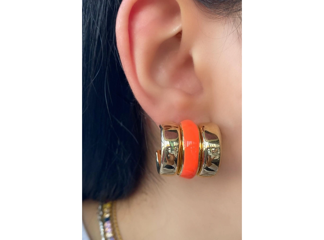 Altın Ve Turuncu Renk Halka Küpe (Çift)