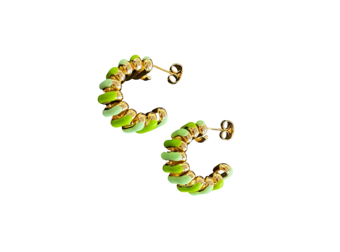 Altın Ve Yeşil Renk Burgu Detaylı 14K Altın Kaplama TX Küpe (Çift)