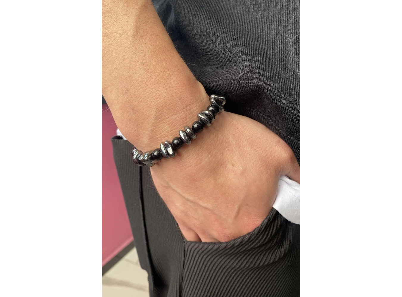 Antrasit Renk Boncuk Detaylı Erkek Bileklik