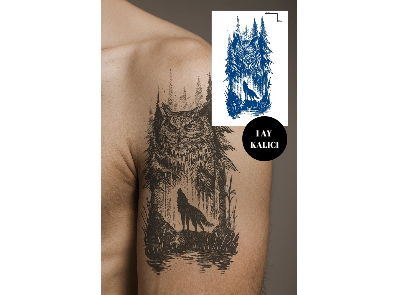 Baykuş Ve Kurt Figürlü 12 Saat Sonra Kararan Geçici Orta Dövme Tattoo