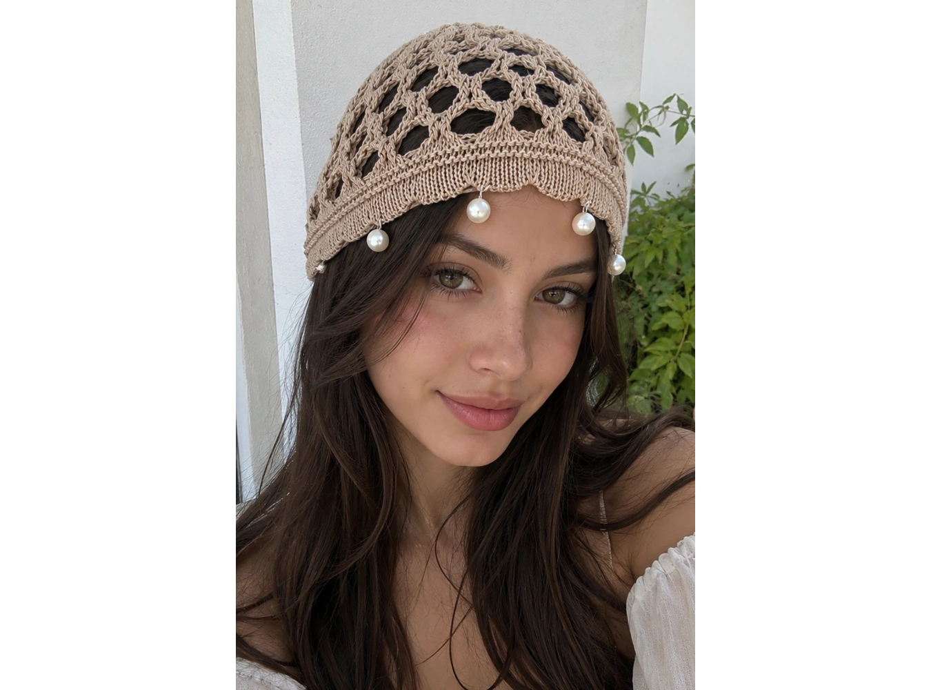Bej Renk İnci Detaylı Örgü Saç Bandana