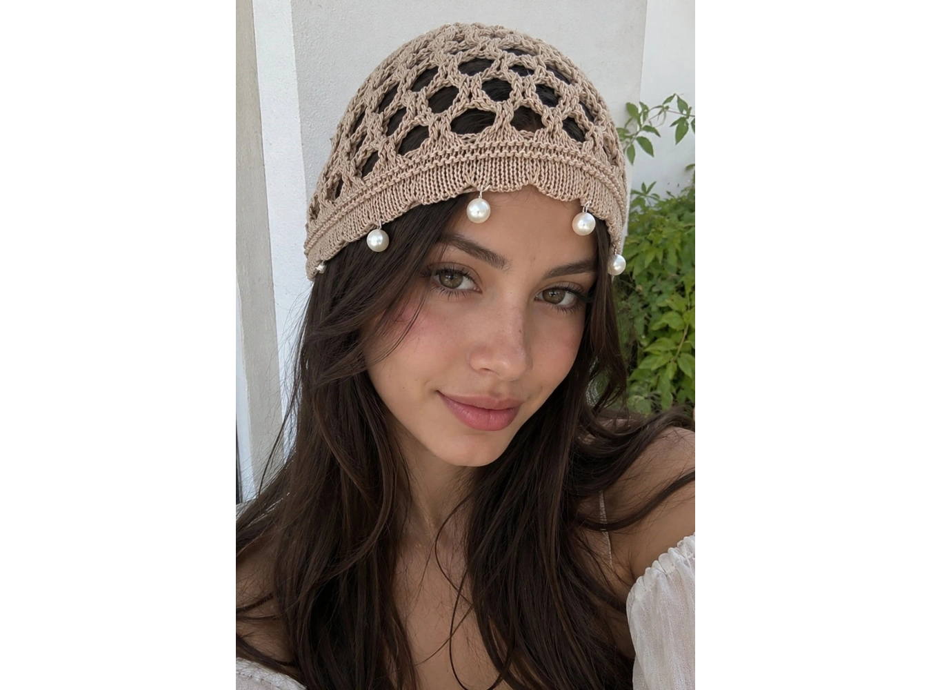 Bej Renk İnci Detaylı Örgü Saç Bandana